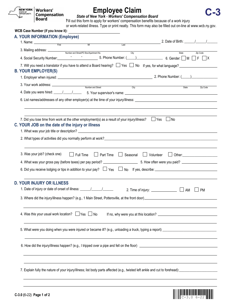 Form C-3 Employee Claim - New York, Page 1