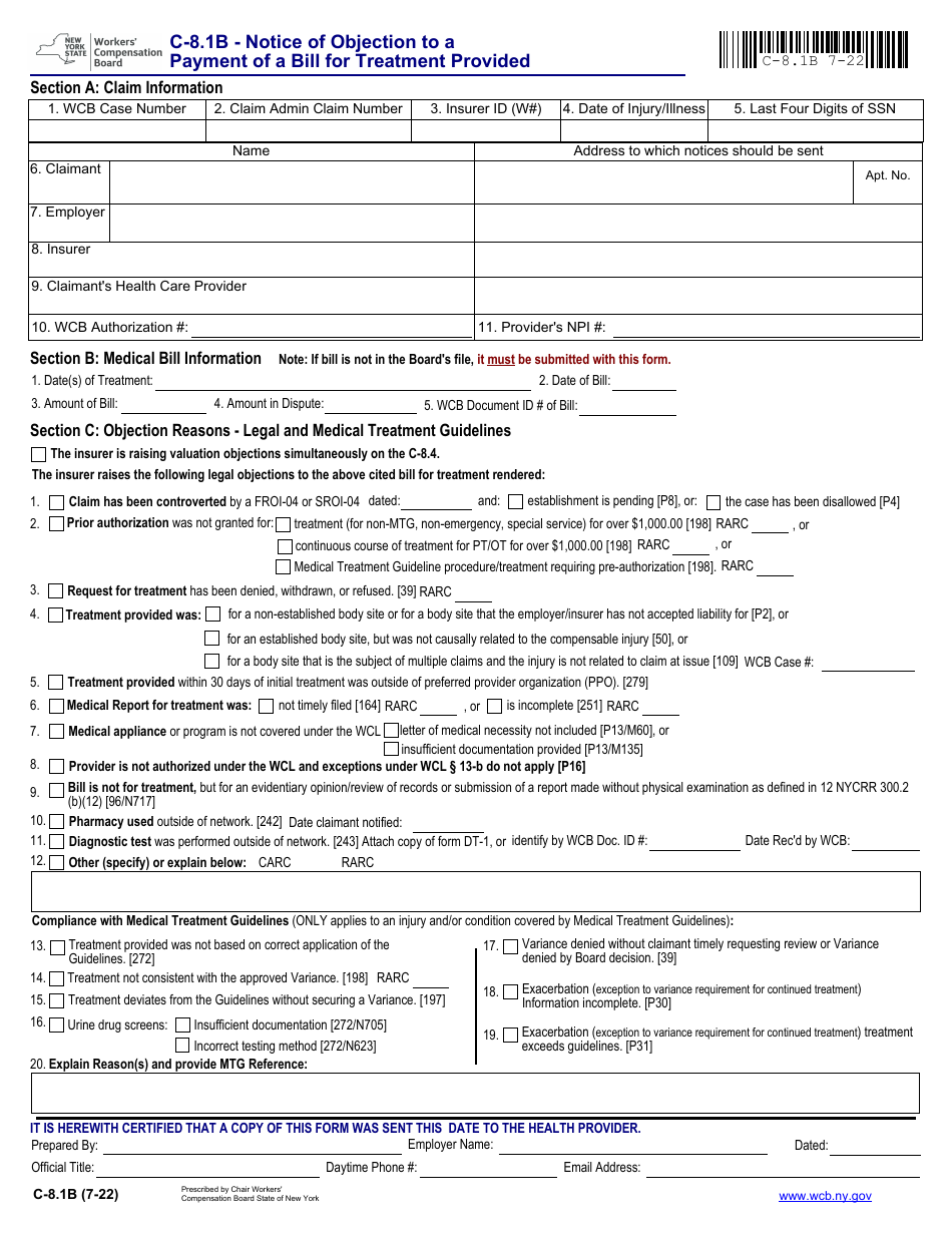 Form C-8.1B Notice of Objection to a Payment of a Bill for Treatment Provided - New York, Page 1