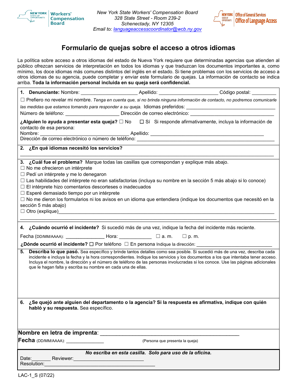 Formulario LAC-1 Formulario De Quejas Sobre El Acceso a Otros Idiomas - New York (Spanish), Page 1