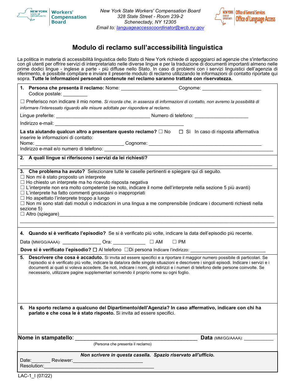 Form LAC-1 Language Access Complaint Form - New York (Italian), Page 1