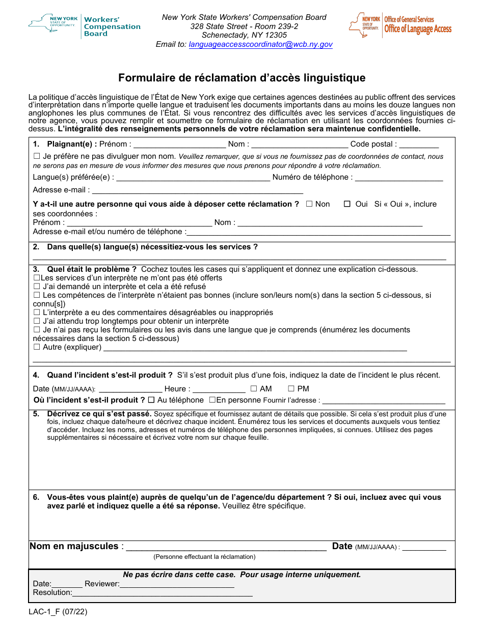 Form LAC-1 Language Access Complaint Form - New York (French), Page 1