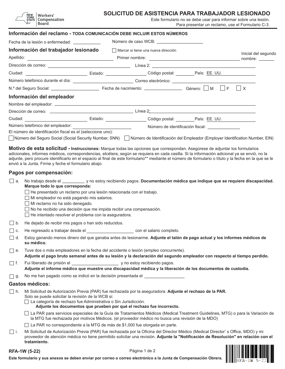 Formulario RFA-1W Solicitud De Asistencia Para Trabajador Lesionado - New York (Spanish), Page 1
