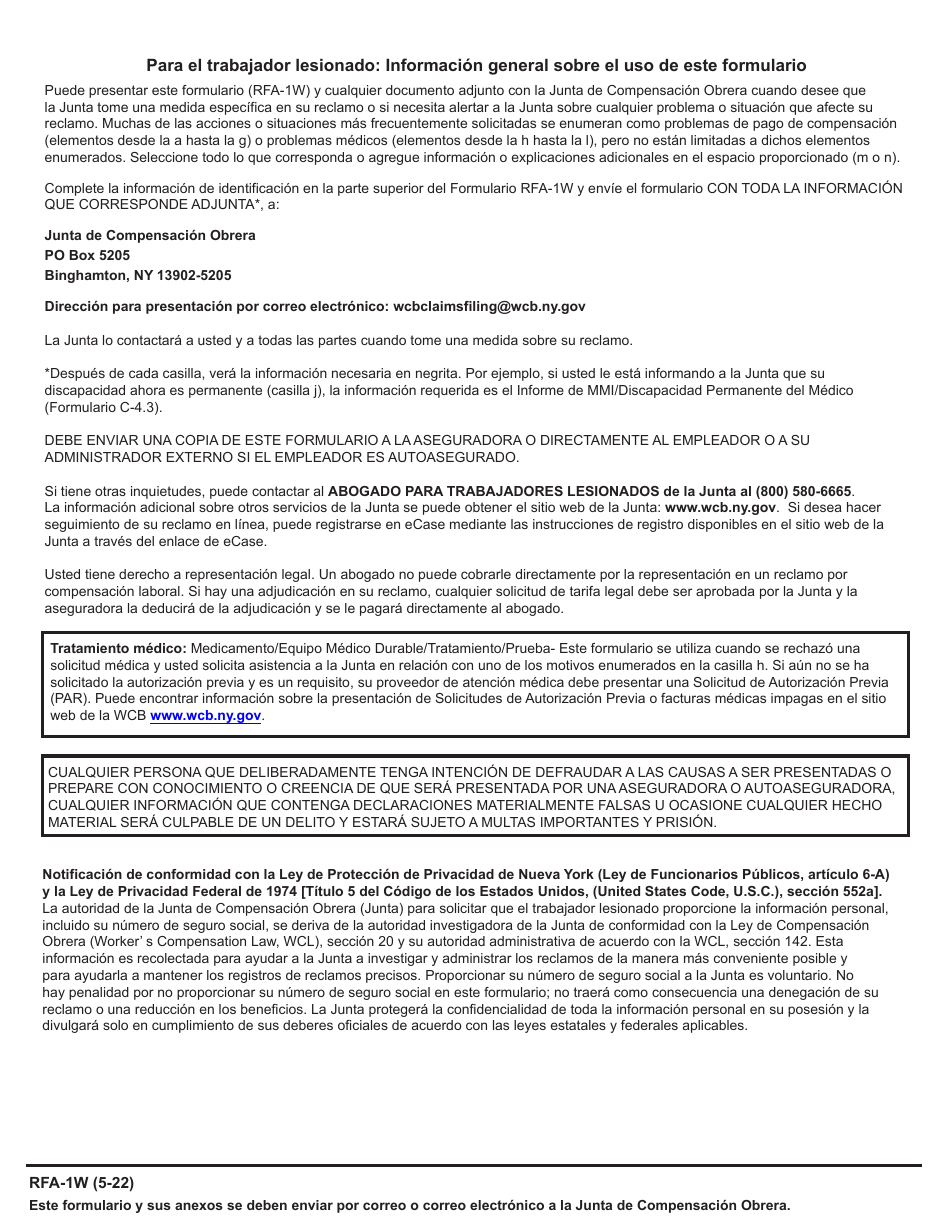 Formulario RFA-1W Solicitud De Asistencia Para Trabajador Lesionado - New York (Spanish), Page 3