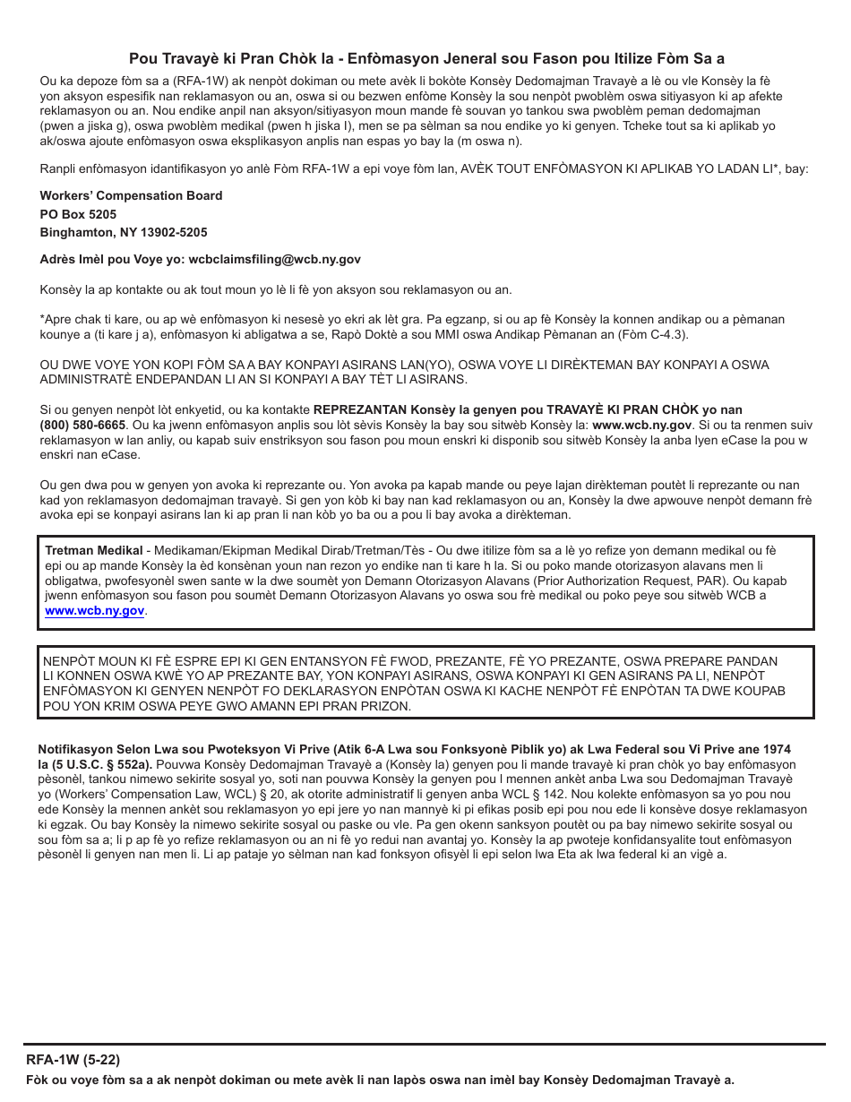 Form RFA-1W Request for Assistance by Injured Worker - New York (Haitian Creole), Page 3