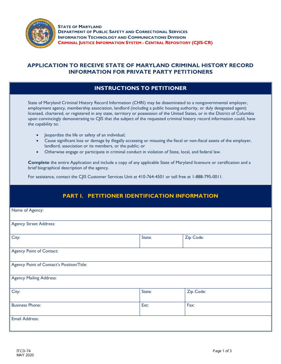 Form ITCD-74 Application to Receive State of Maryland Criminal History Record Information for Private Party Petitioners - Maryland, Page 1