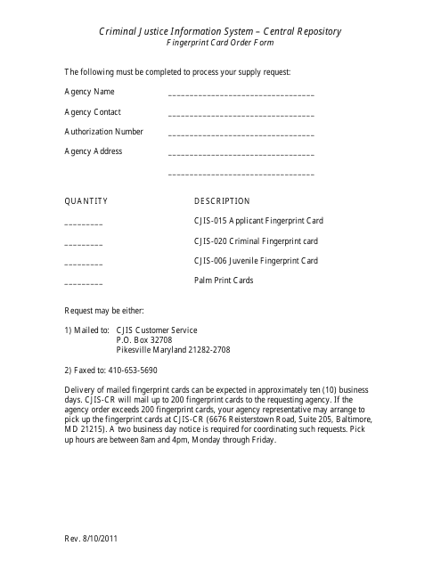 Fingerprint Card Order Form - Criminal Justice Information System - Central Repository - Maryland Download Pdf