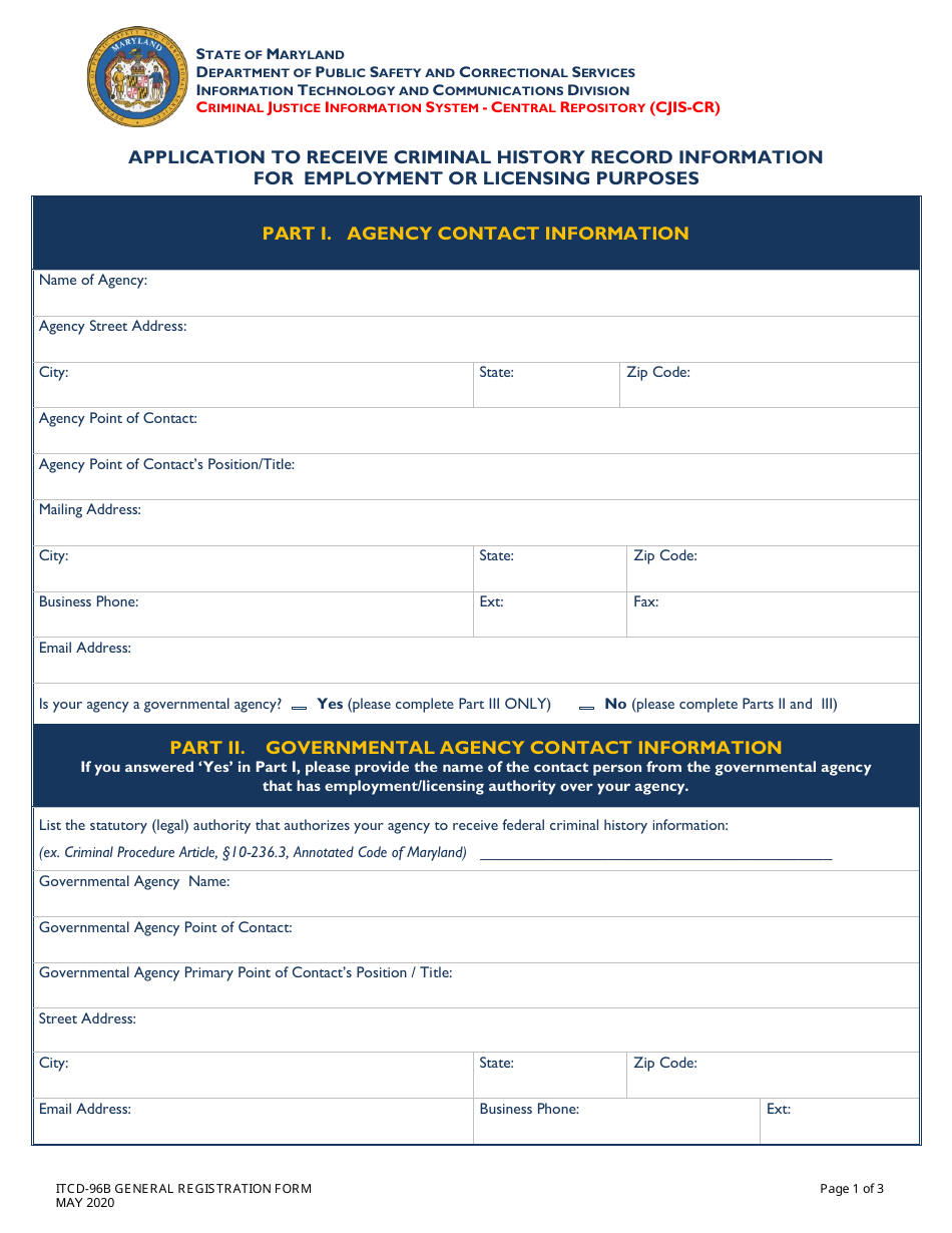 Form ITCD-96B Application to Receive Criminal History Record Information for Employment or Licensing Purposes - Maryland, Page 1