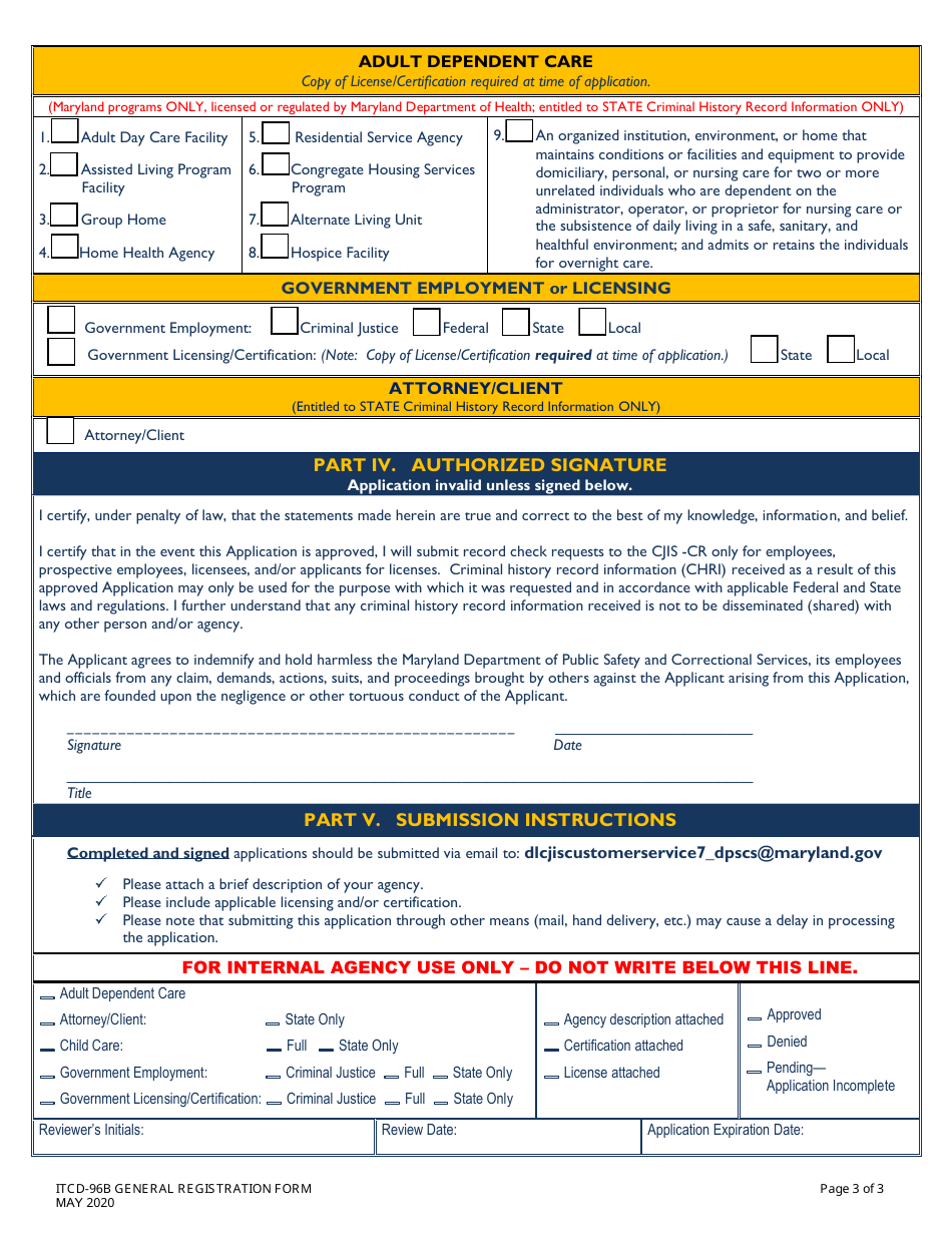 Form ITCD-96B Application to Receive Criminal History Record Information for Employment or Licensing Purposes - Maryland, Page 3