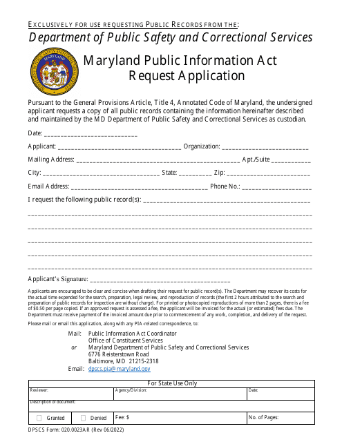 DPSCS Form 020.0023AR  Printable Pdf