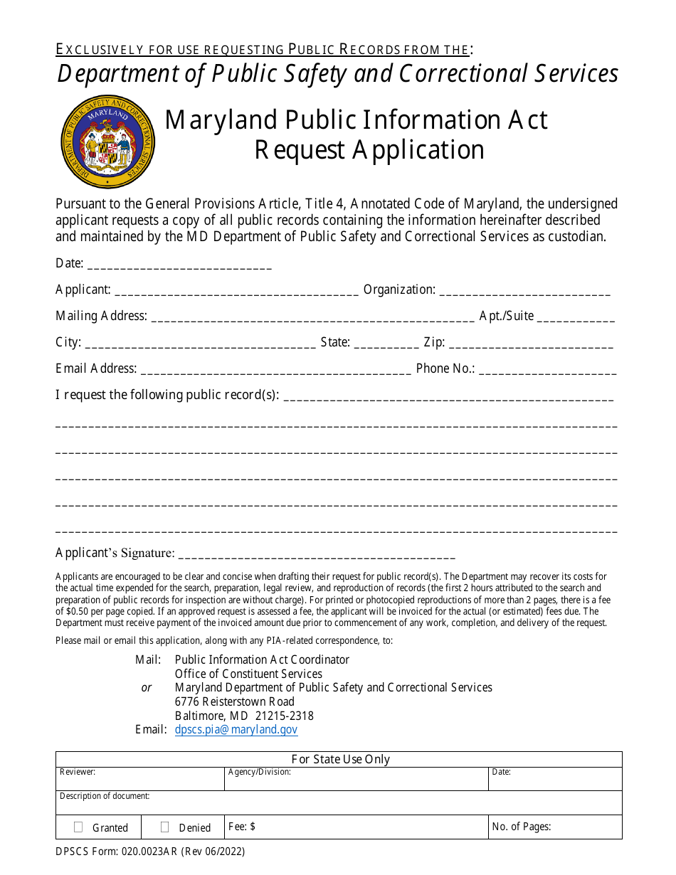 DPSCS Form 020.0023AR Maryland Public Information Act Request Application - Maryland, Page 1