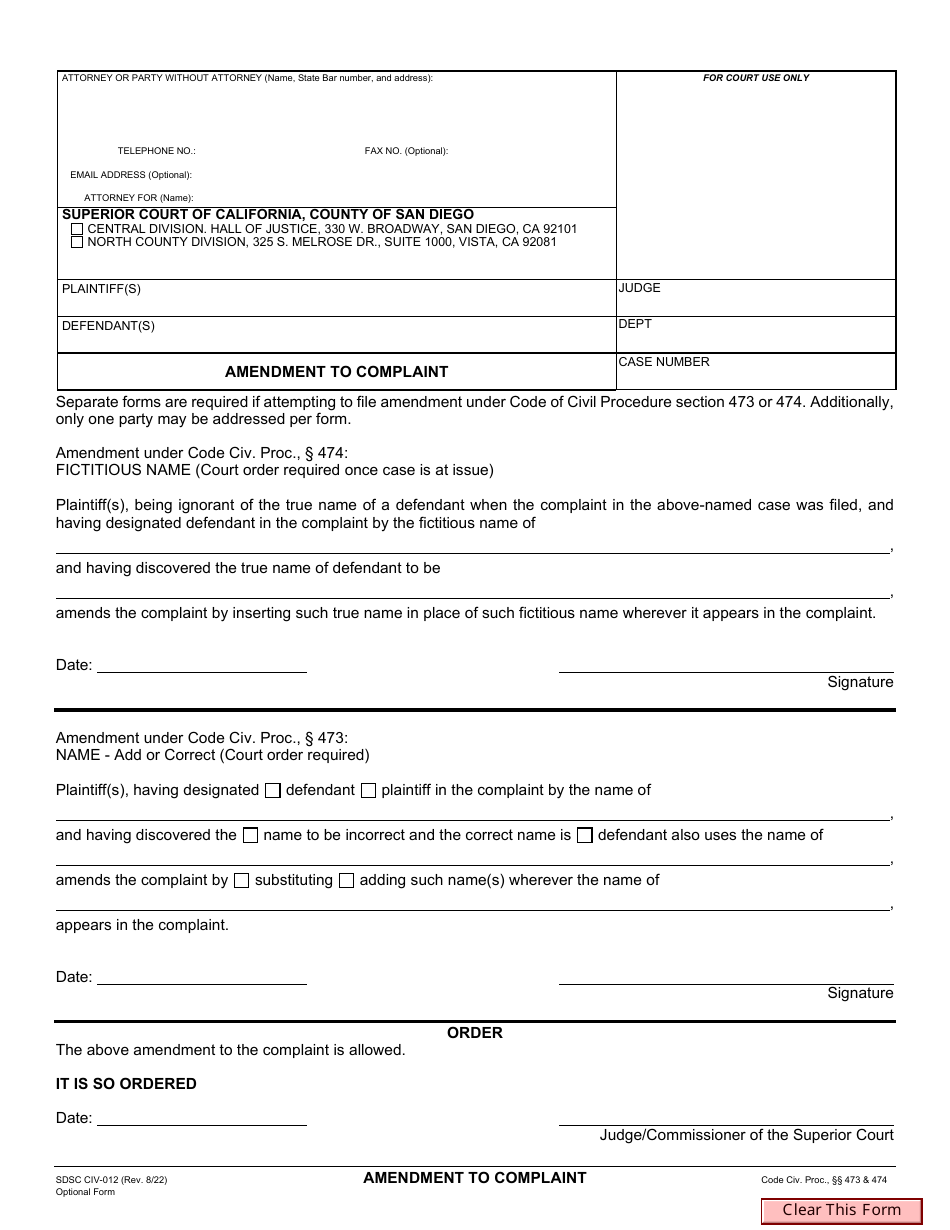 Form CIV-012 Amendment to Complaint - County of San Diego, California, Page 1