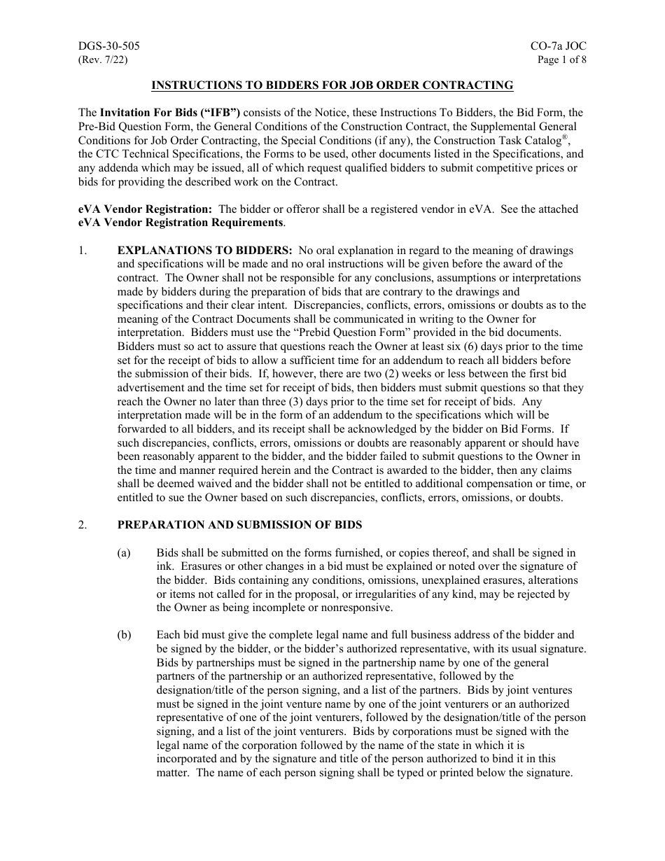 Form DGS-30-505 Instructions to Bidders for Job Order Contracting - Virginia, Page 1