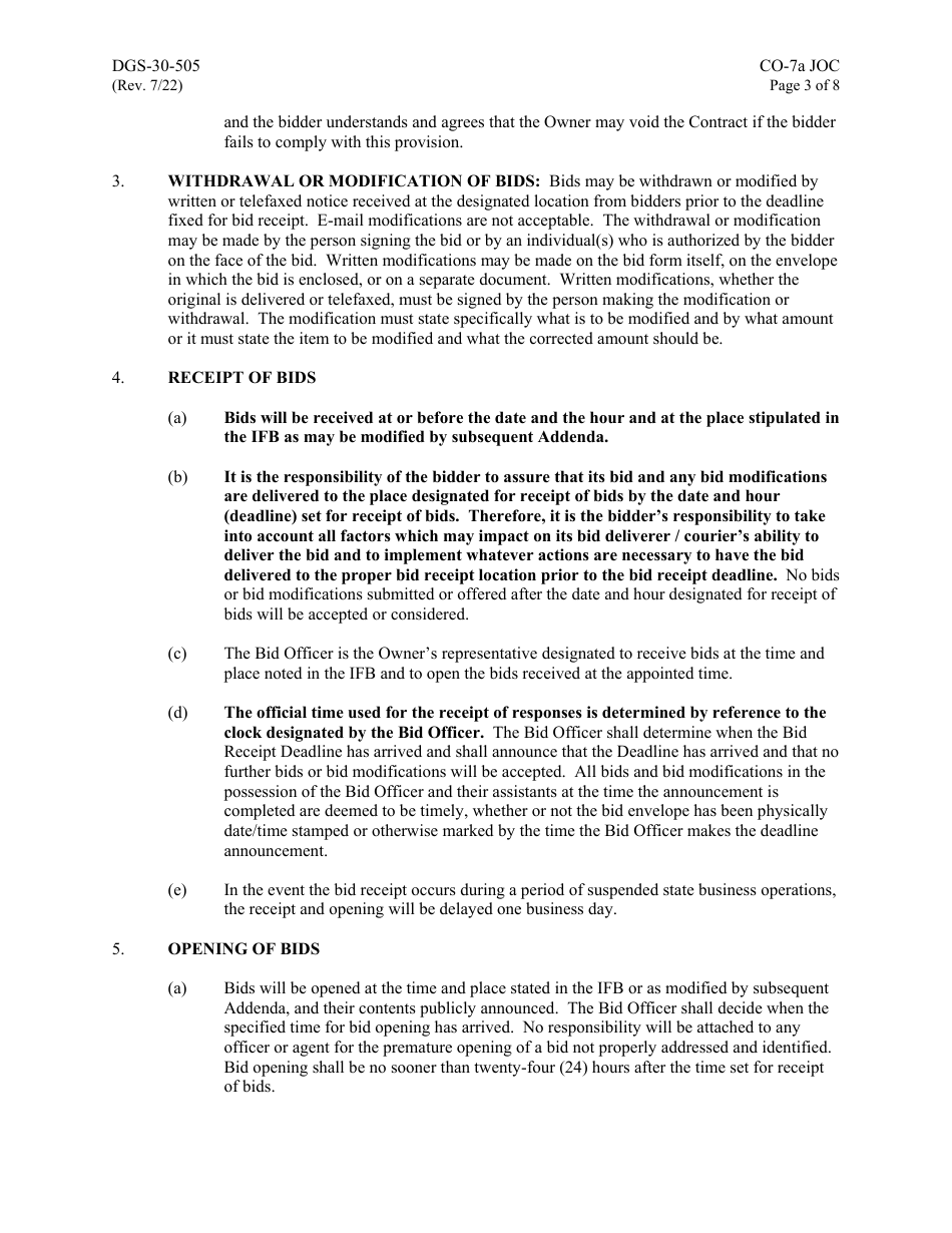 Form DGS-30-505 Instructions to Bidders for Job Order Contracting - Virginia, Page 3