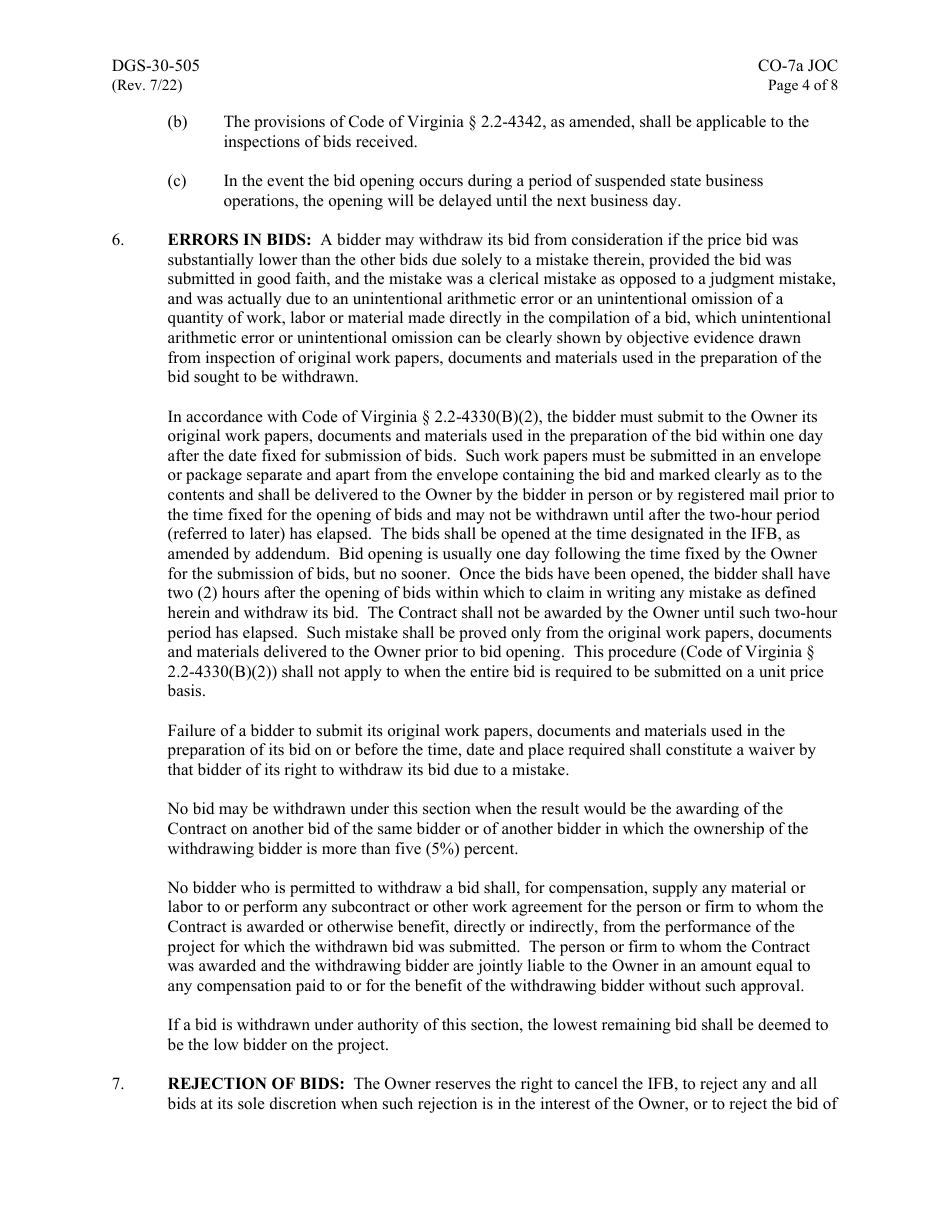Form DGS-30-505 Instructions to Bidders for Job Order Contracting - Virginia, Page 4
