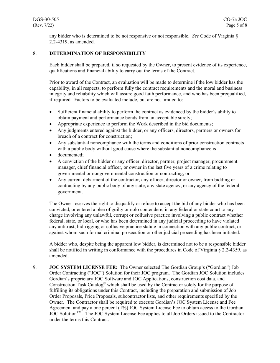 Form DGS-30-505 Instructions to Bidders for Job Order Contracting - Virginia, Page 5