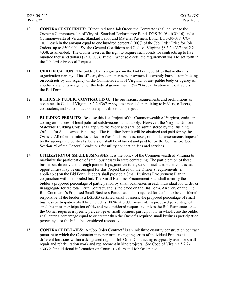 Form DGS-30-505 Instructions to Bidders for Job Order Contracting - Virginia, Page 6