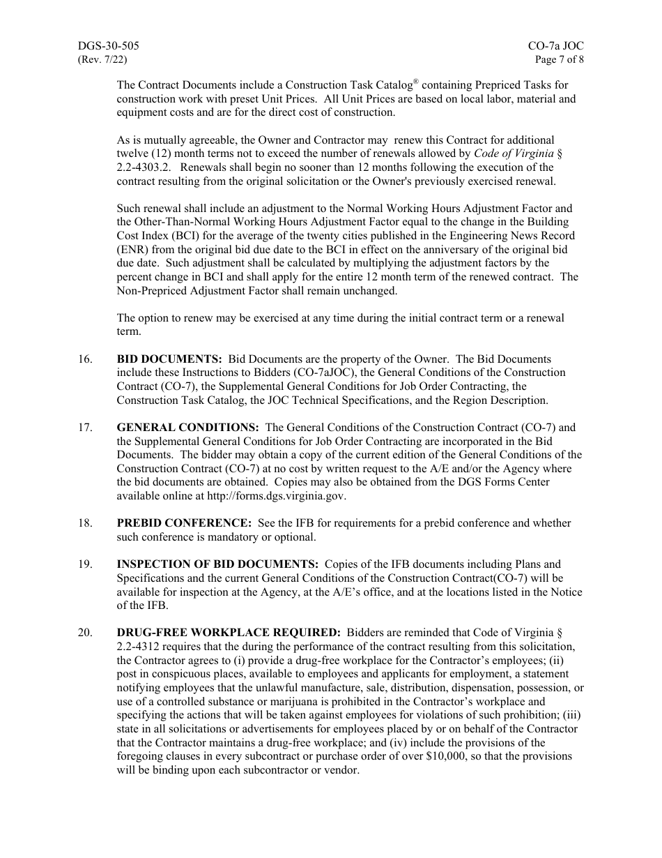 Form DGS-30-505 Instructions to Bidders for Job Order Contracting - Virginia, Page 7