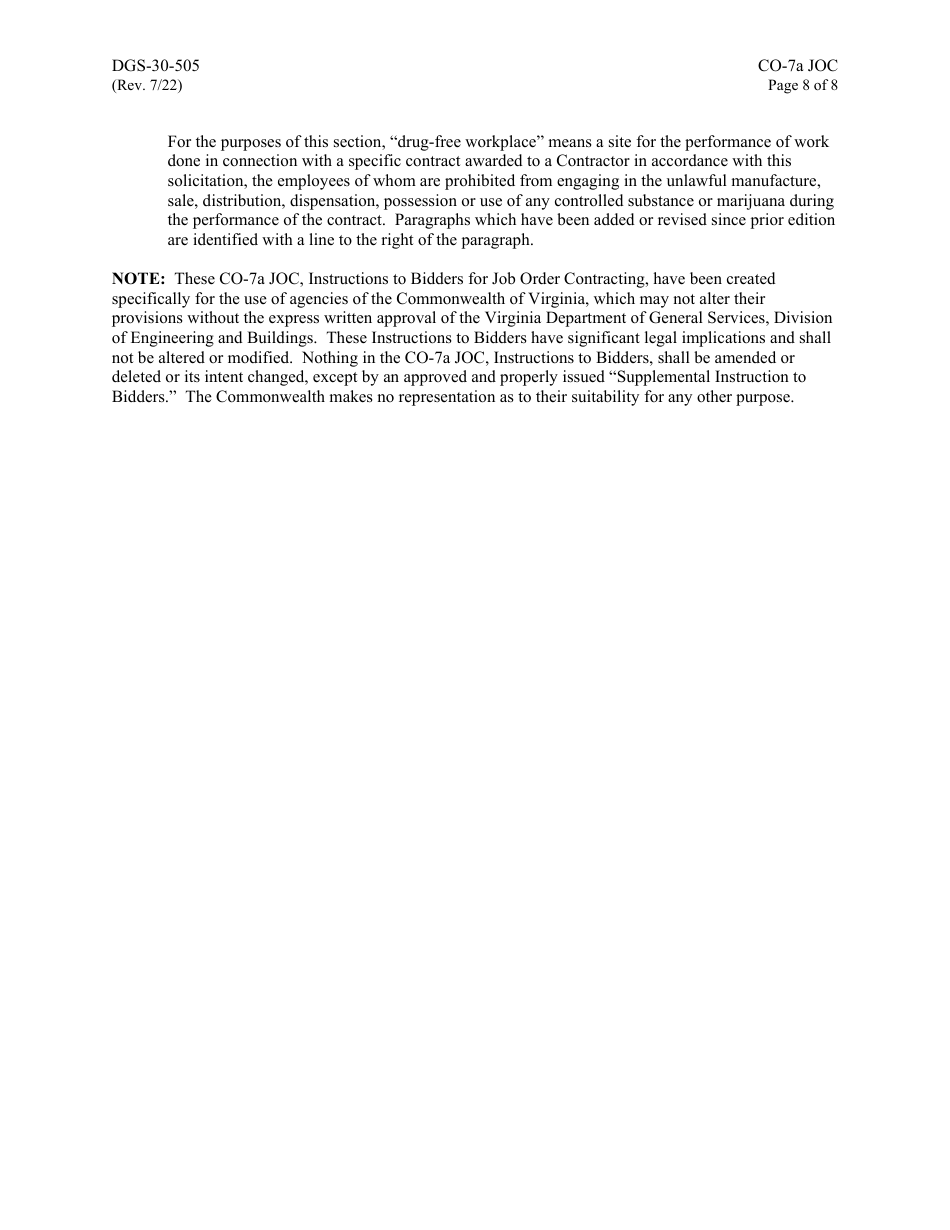Form DGS-30-505 Instructions to Bidders for Job Order Contracting - Virginia, Page 8