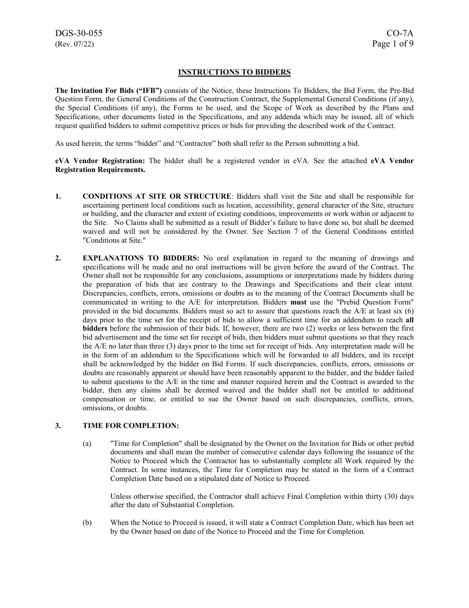 Form DGS-30-055 Instructions to Bidders - Virginia, Page 1