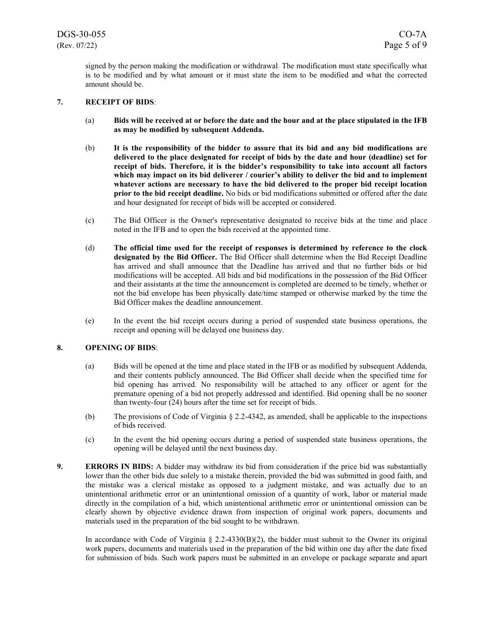 Form DGS-30-055 Instructions to Bidders - Virginia, Page 5