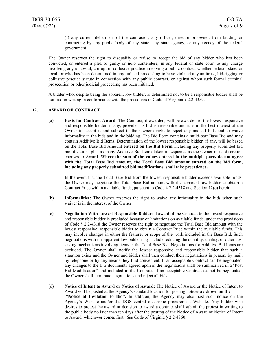 Form DGS-30-055 Instructions to Bidders - Virginia, Page 7
