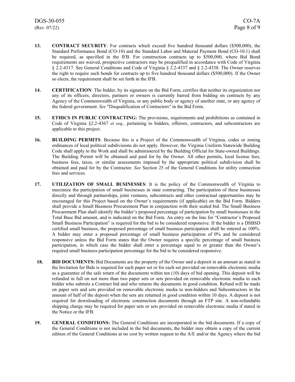 Form DGS-30-055 Instructions to Bidders - Virginia, Page 8