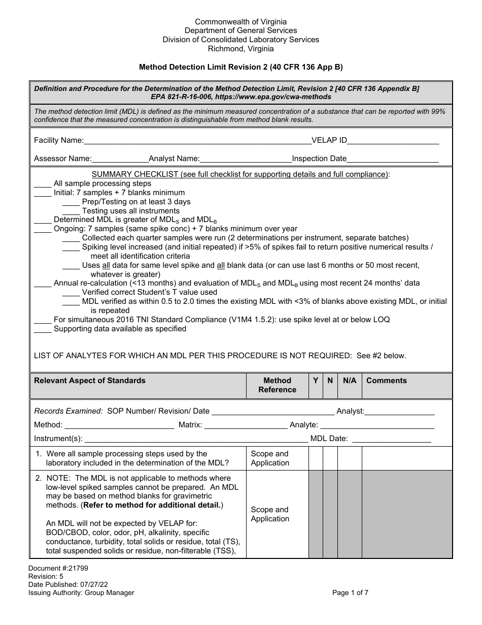 Form 21799 MDL Procedure Checklist - Virginia, Page 1