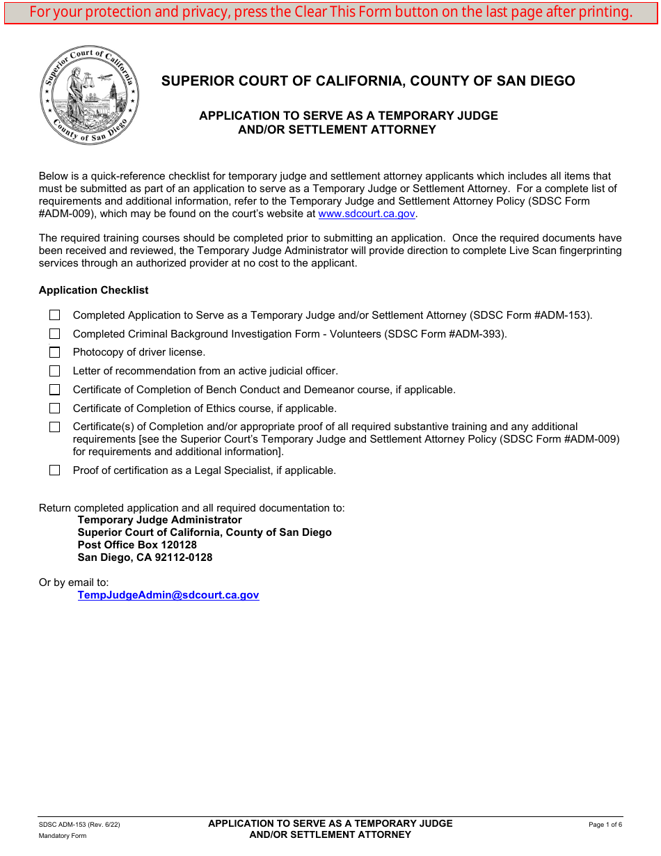 Form ADM-153 Application to Serve as Temporary Judge and/or Settlement Attorney - County of San Diego, California, Page 1