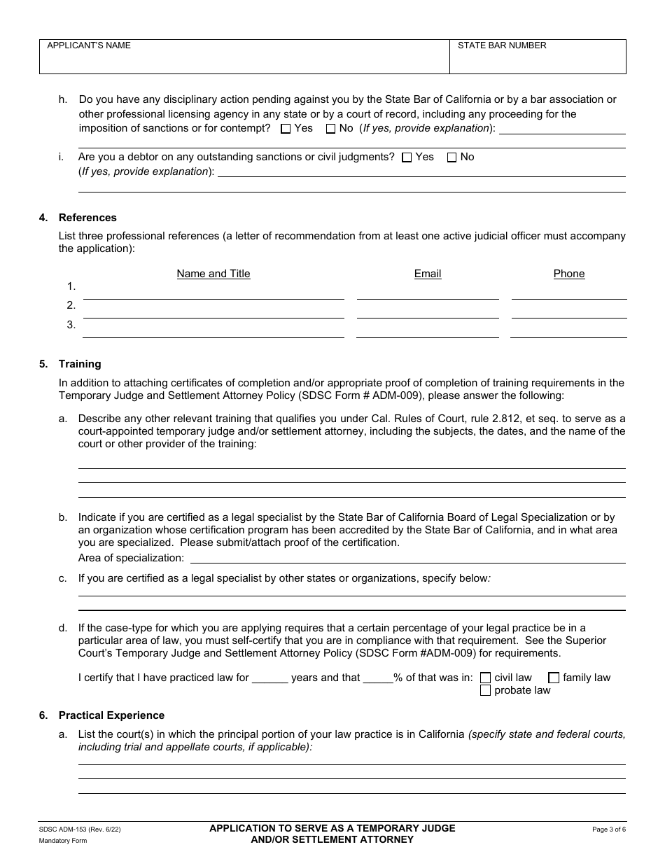 Form ADM-153 Application to Serve as Temporary Judge and / or Settlement Attorney - County of San Diego, California, Page 3