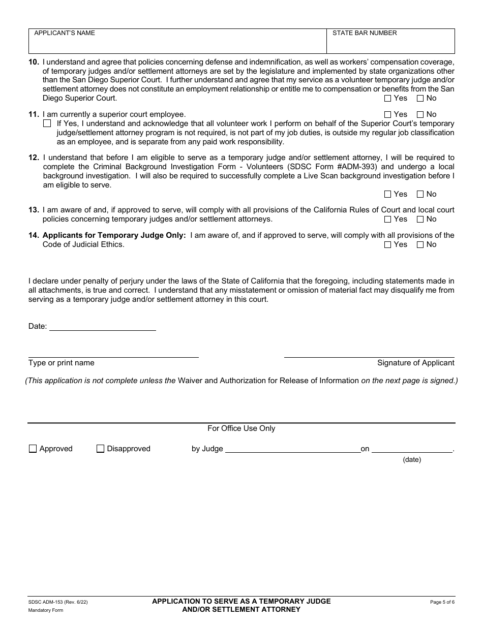 Form ADM-153 Application to Serve as Temporary Judge and / or Settlement Attorney - County of San Diego, California, Page 5