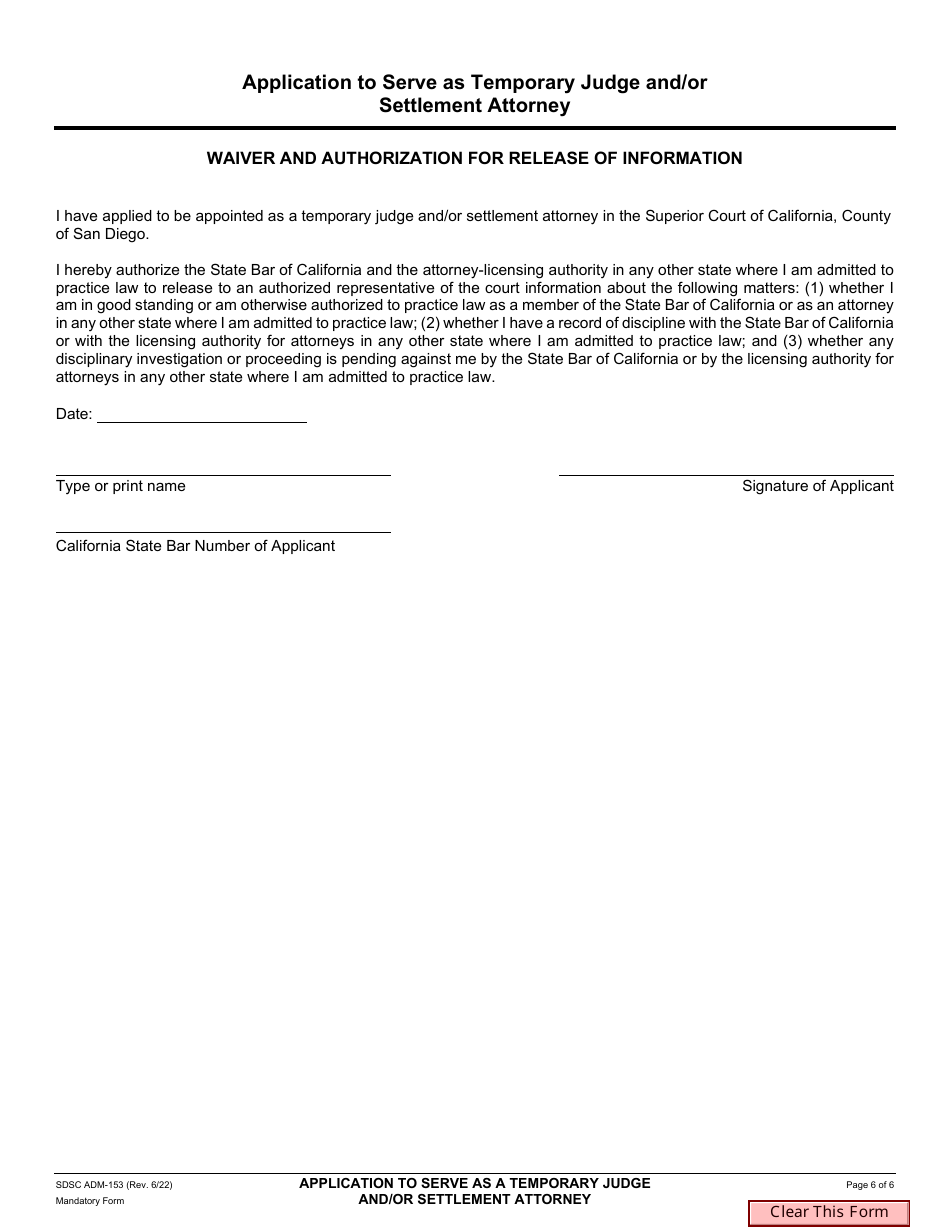Form ADM-153 Application to Serve as Temporary Judge and / or Settlement Attorney - County of San Diego, California, Page 6