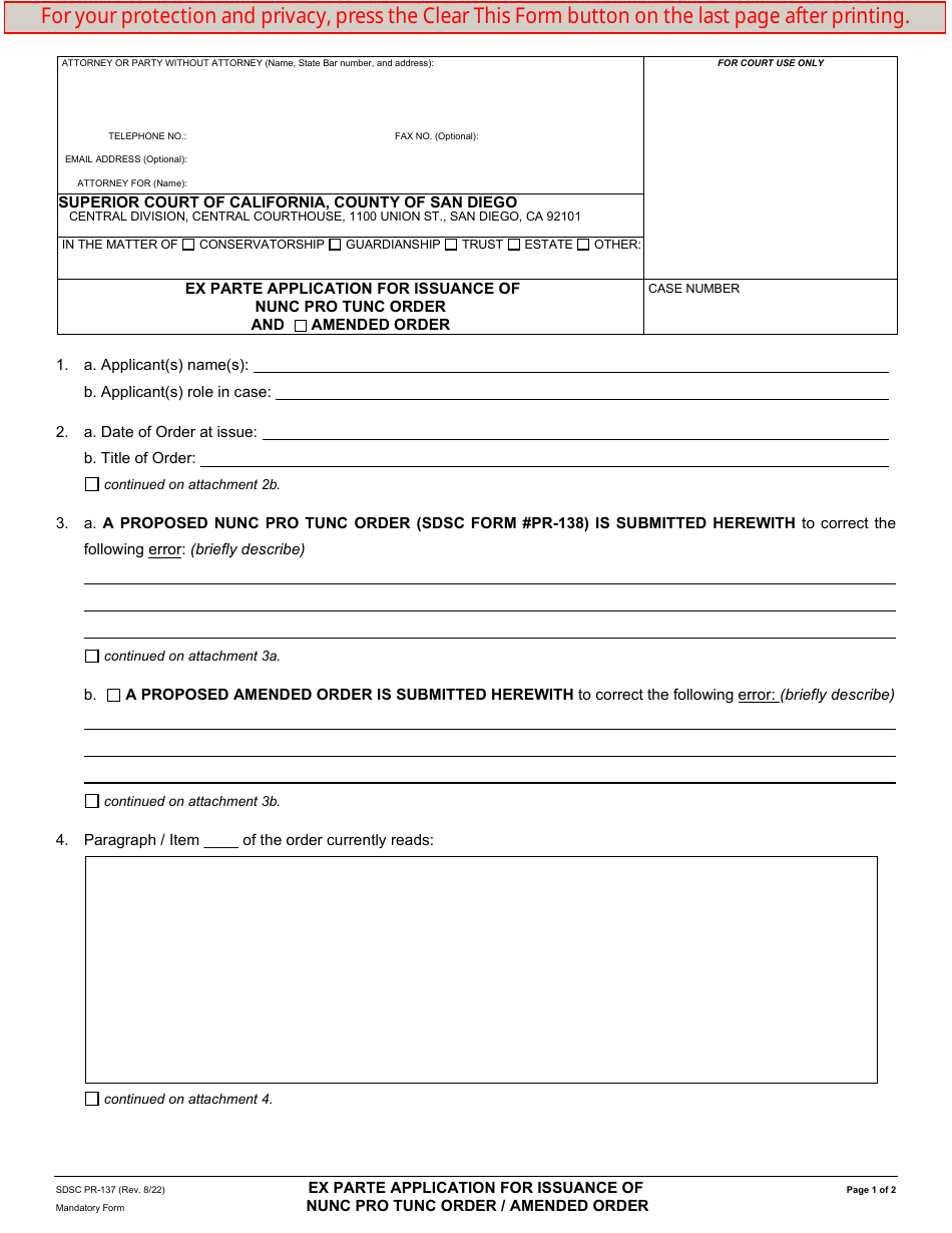 Form PR-137 Ex Parte Application for Issuance of Nunc Pro Tunc Order / Amended Order - County of San Diego, California, Page 1