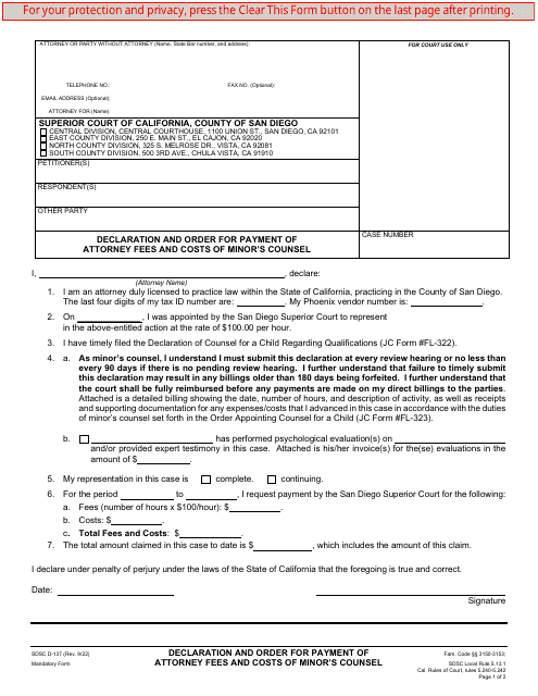 Form D-137 Declaration and Order for Payment of Attorney Fees and Costs of Minor's Counsel - County of San Diego, California