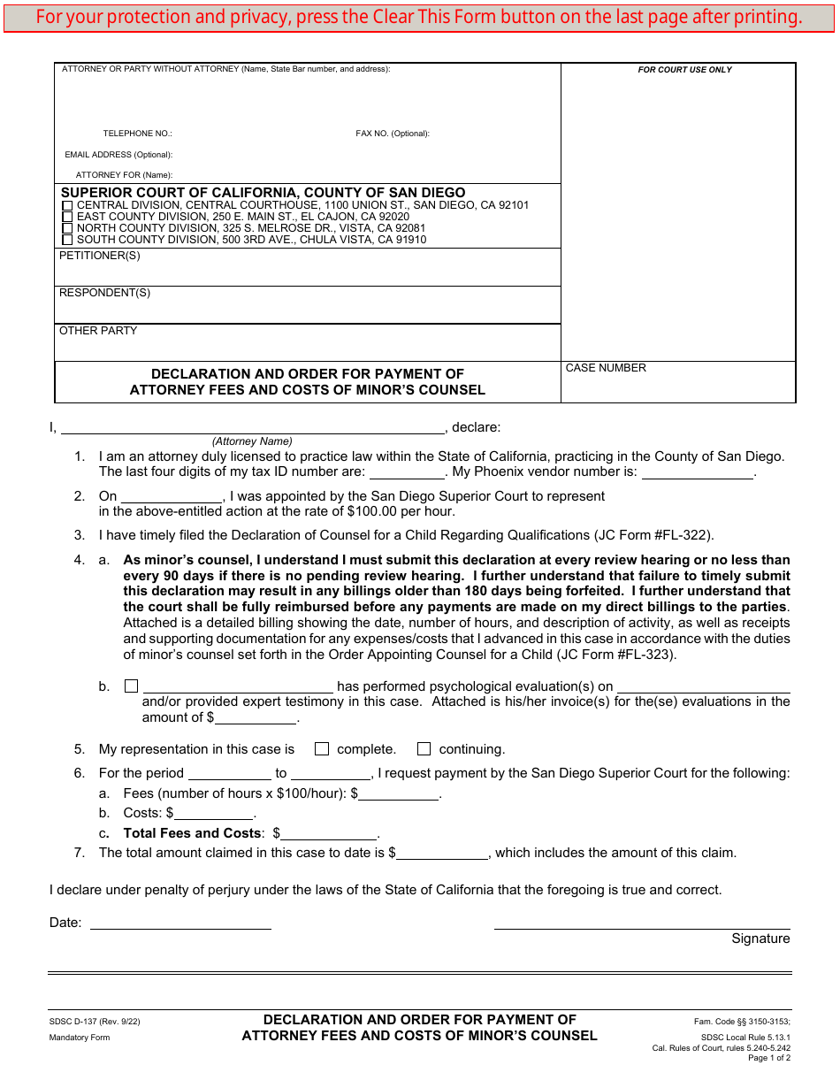 Form D-137 Declaration and Order for Payment of Attorney Fees and Costs of Minors Counsel - County of San Diego, California, Page 1