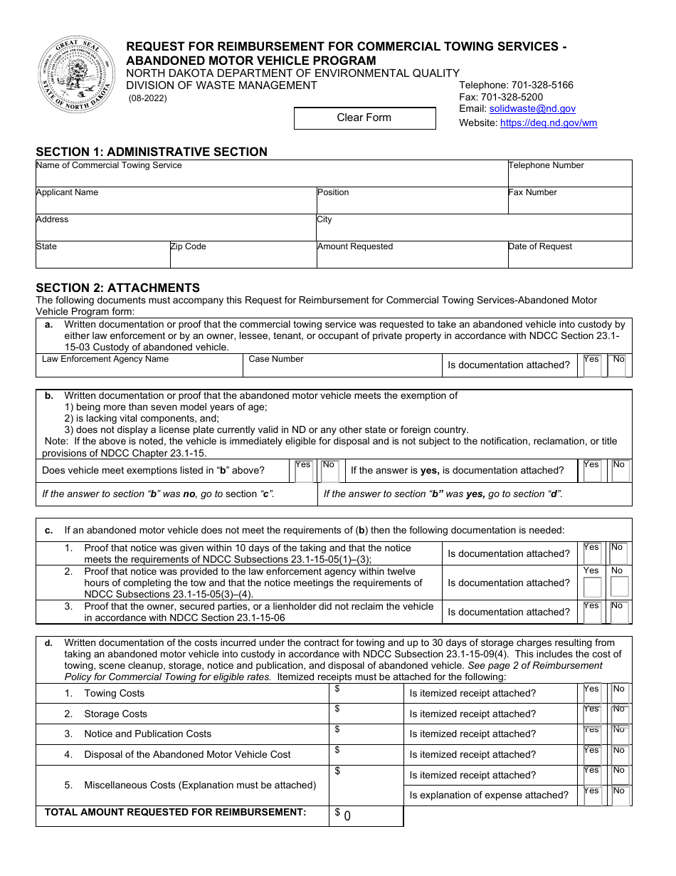 Request for Reimbursement for Commercial Towing Services - Abandoned Motor Vehicle Program - North Dakota, Page 1