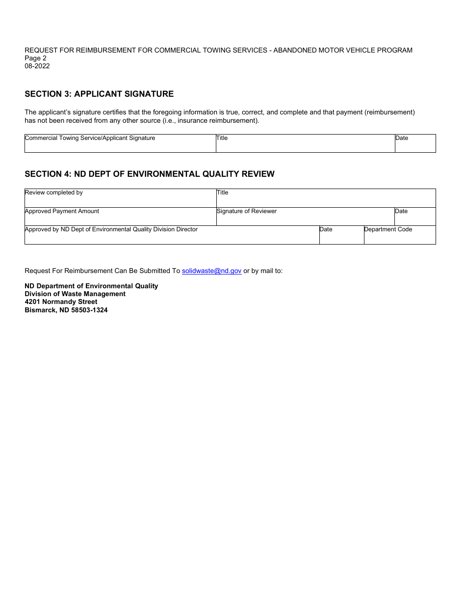 Request for Reimbursement for Commercial Towing Services - Abandoned Motor Vehicle Program - North Dakota, Page 2