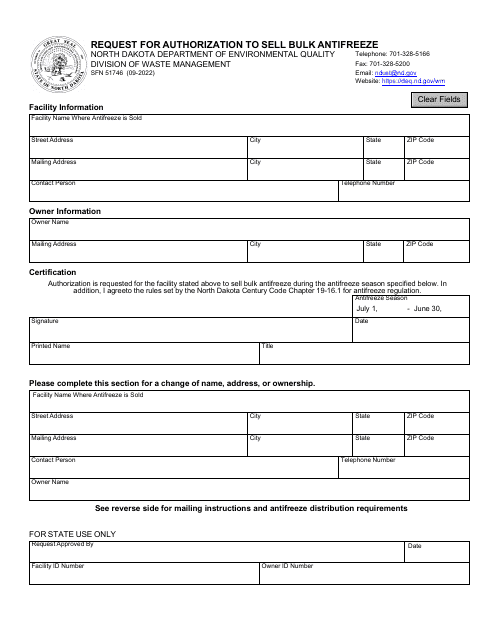 Form SFN51746 Request for Authorization to Sell Bulk Antifreeze - North Dakota