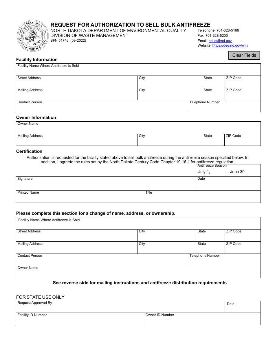 Form SFN51746 Request for Authorization to Sell Bulk Antifreeze - North Dakota, Page 1