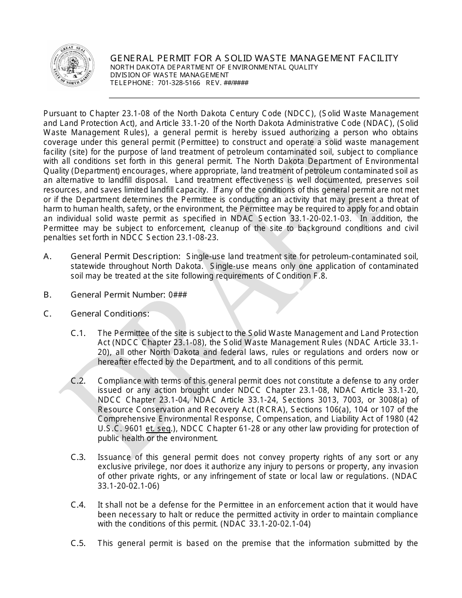 General Permit for a Solid Waste Management Facility - Single-Use Land Treatment Site for Petroleum-Contaminated Soil - Draft - North Dakota, Page 1