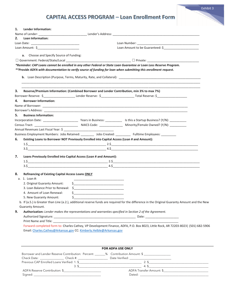 Exhibit 3 Loan Enrollment Form - Capital Access Program - Arkansas, Page 1