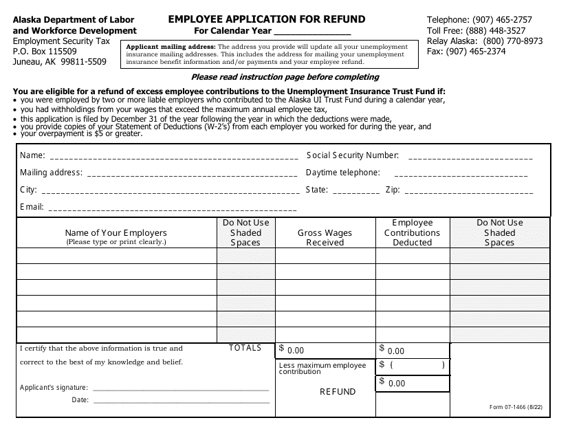 Form 07-1466 Employee Application for Refund - Alaska