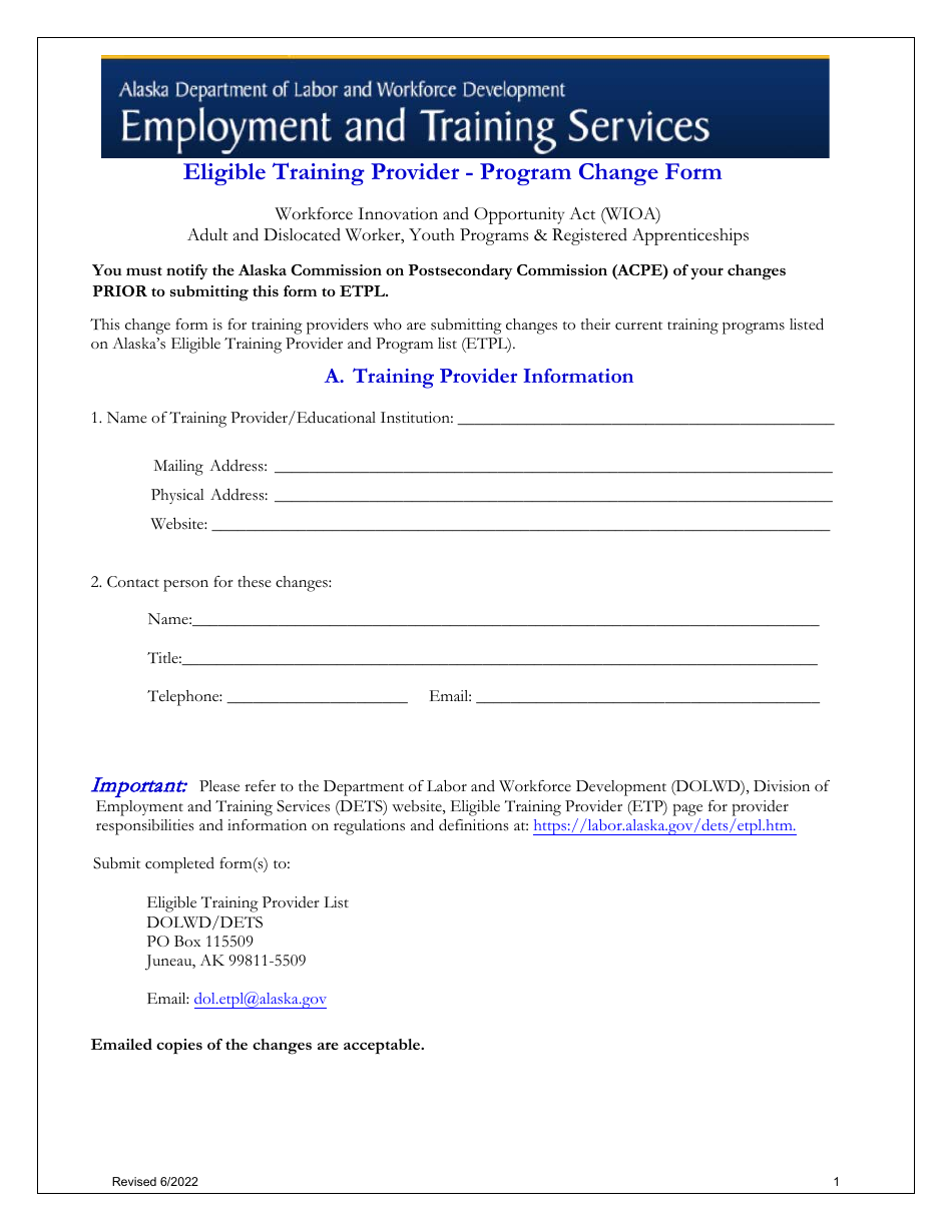 Alaska Eligible Training Provider - Program Change Form - Fill Out ...