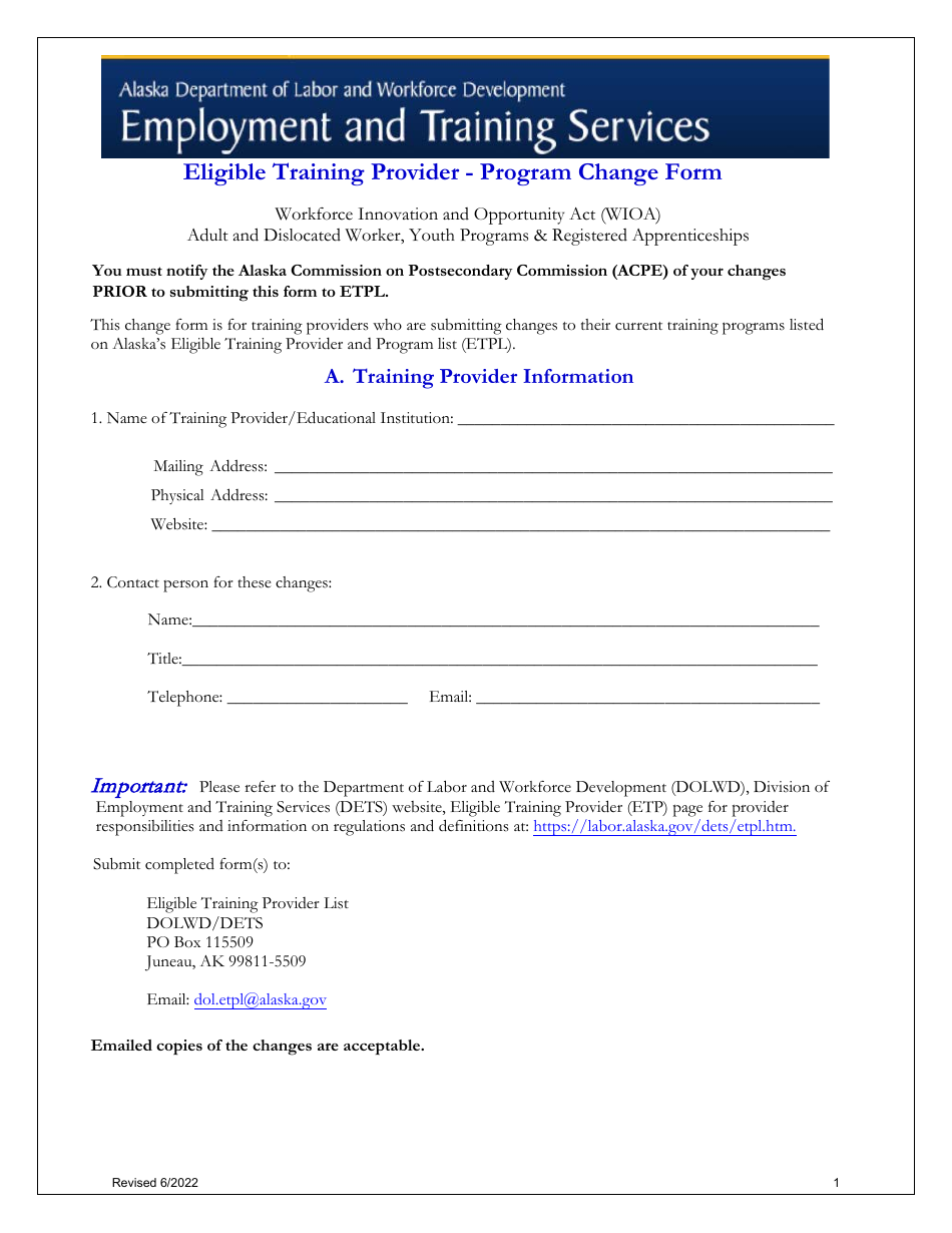 Eligible Training Provider - Program Change Form - Alaska, Page 1