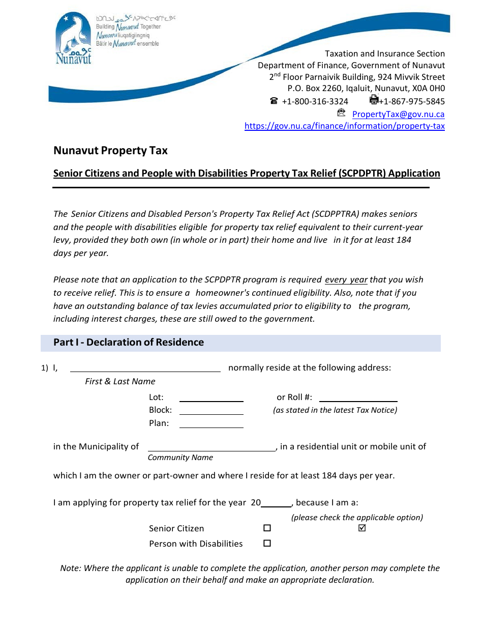 Senior Citizens and People With Disabilities Property Tax Relief (Scpdptr) Application - Nunavut, Canada, Page 1