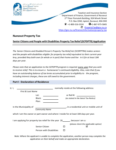 Senior Citizens and People With Disabilities Property Tax Relief (Scpdptr) Application - Nunavut, Canada Download Pdf