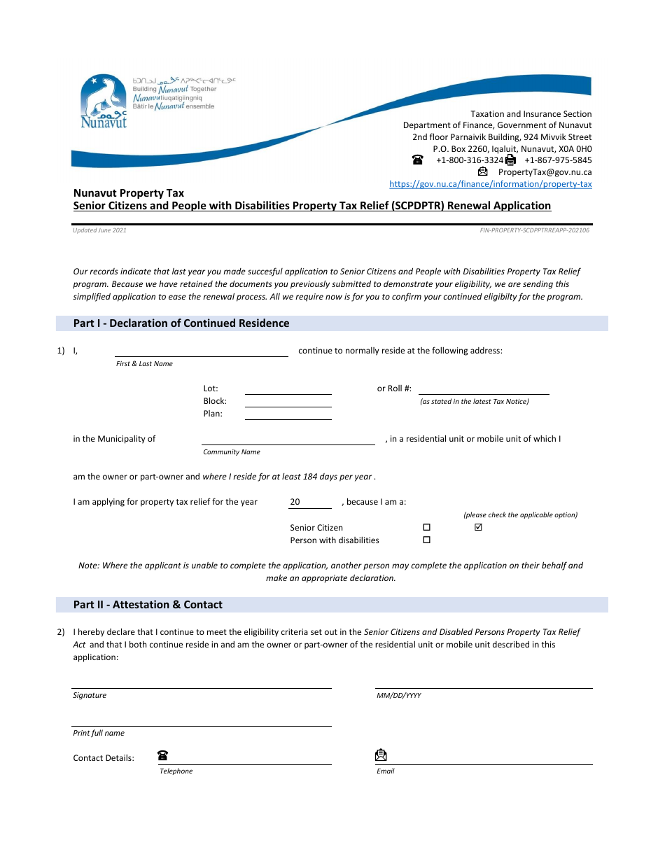 Senior Citizens and People With Disabilities Property Tax Relief (Scpdptr) Renewal Application - Nunavut, Canada, Page 1