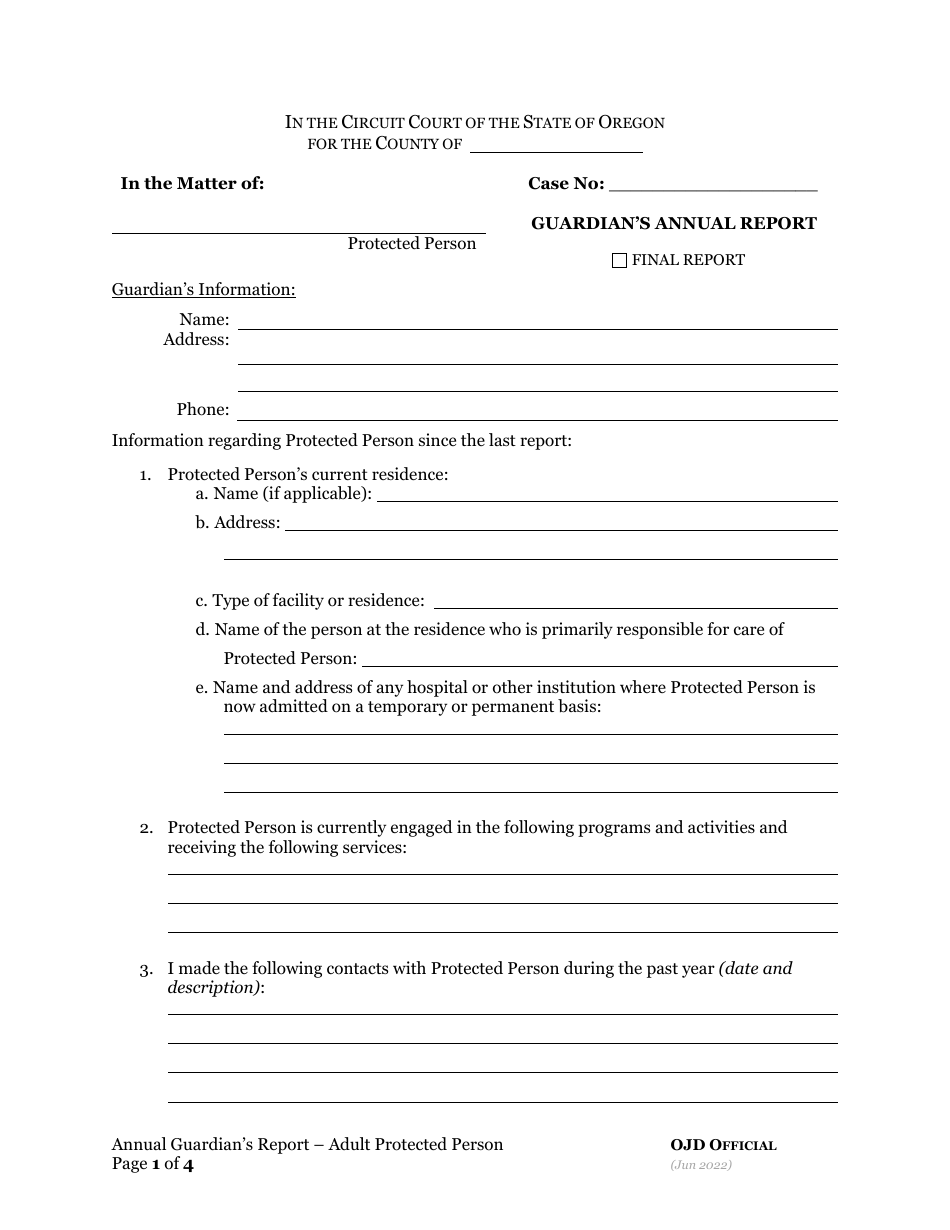 Oregon Annual Guardian's Report - Adult Protected Person Download ...