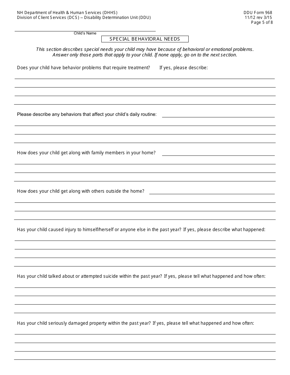 DDU Form 968 Children With Severe Disabilities (Csd) Family Information Report - New Hampshire, Page 5