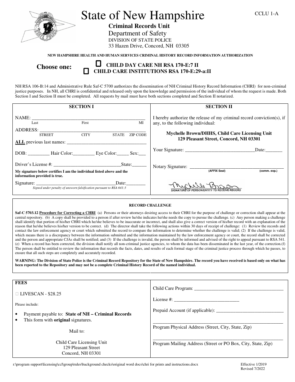 Form CCLU1-A Criminal History Record Information Authorization - New Hampshire, Page 1