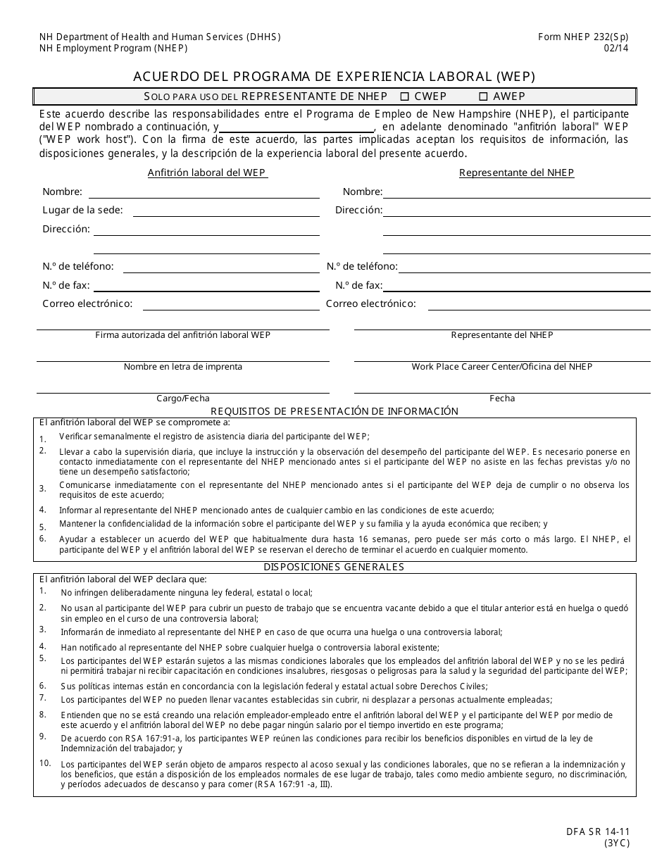Formulario NHEP232(SP) Acuerdo Del Programa De Experiencia Laboral (Wep) - New Hampshire (Spanish), Page 1